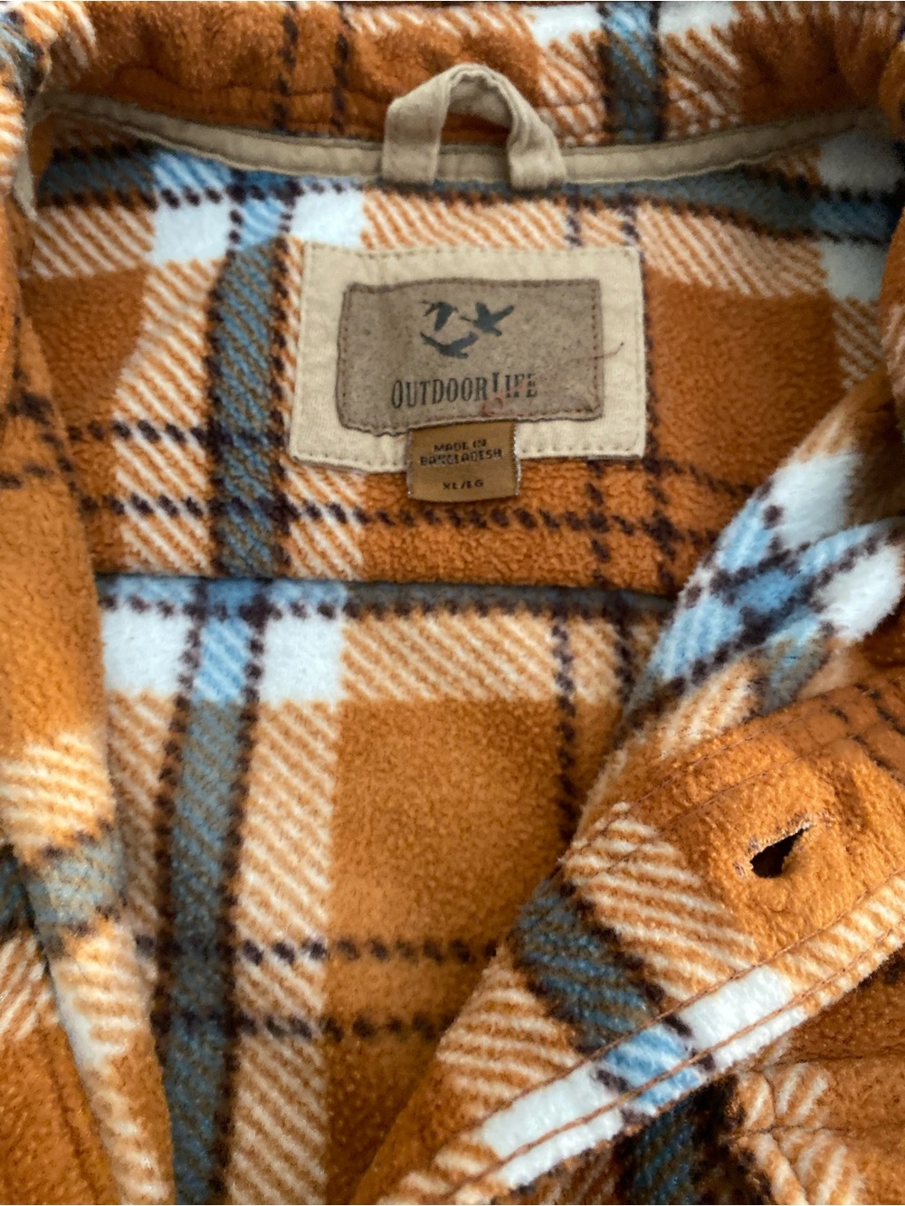 Outdoor Life mens Orange Plaid Fleece Jacket with Blue Accents